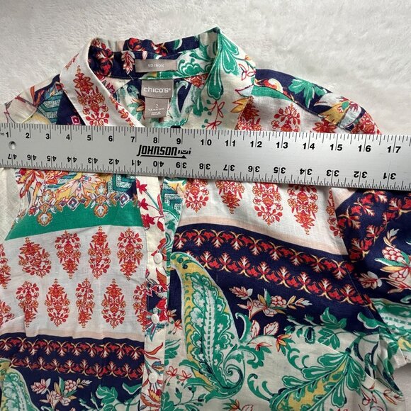 Chico's Green Red Paisley Floral Linen 3/4 Sleeve Button-Up No-Iron Shirt Size 2 - Picture 5 of 7